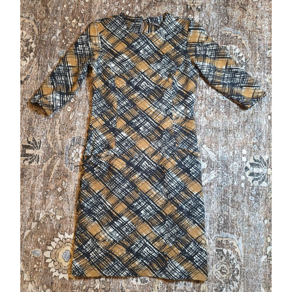 J. McLaughlin Catalyst Ponte Sheath Dress Small Mod Plaid Black Brown Tan Pocket - Picture 3 of 10